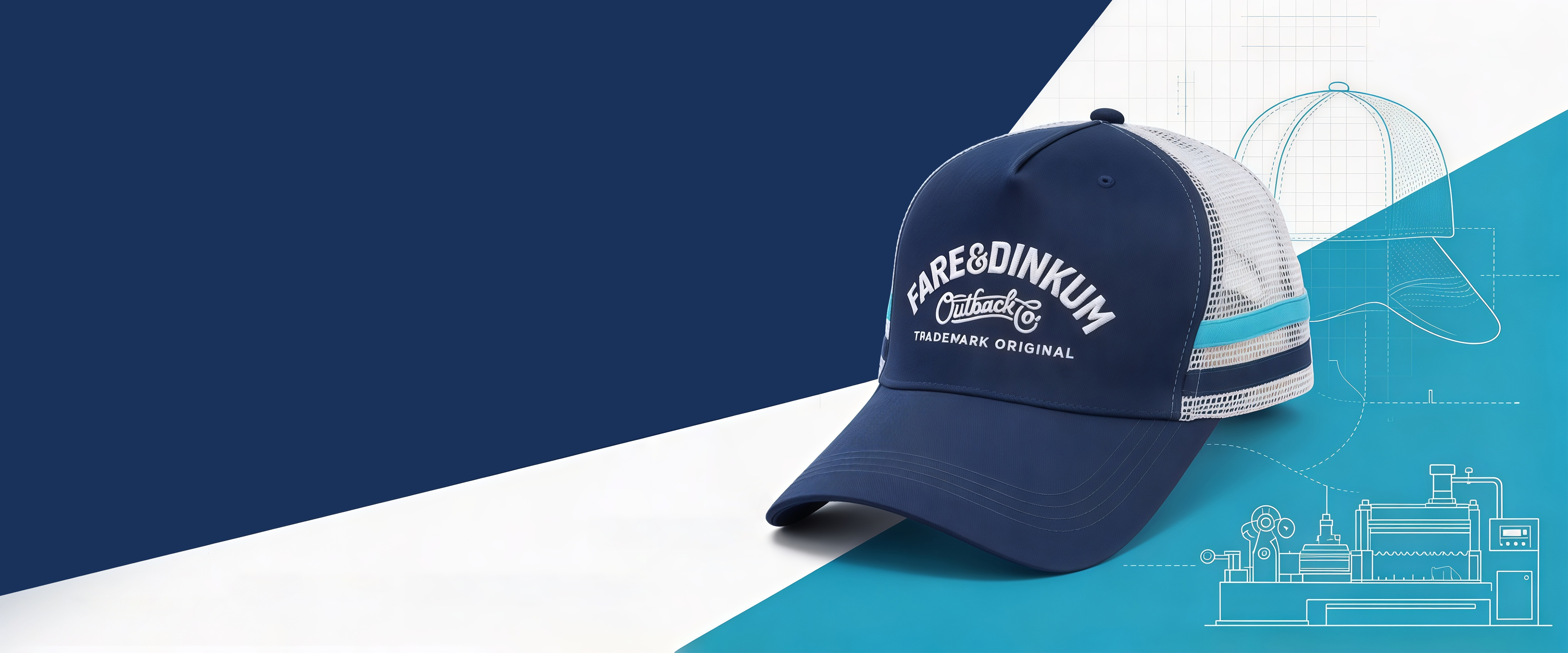 Navy and white mesh-back cap with embroidered lettering beside a hat pattern line drawing