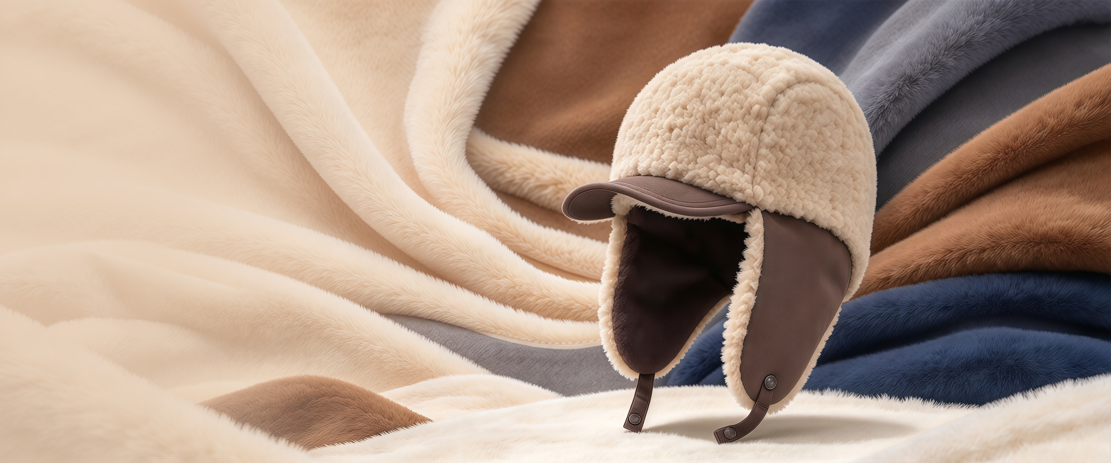Cream fleece earflap hat with a brown visor and snap straps among folded plush fabrics